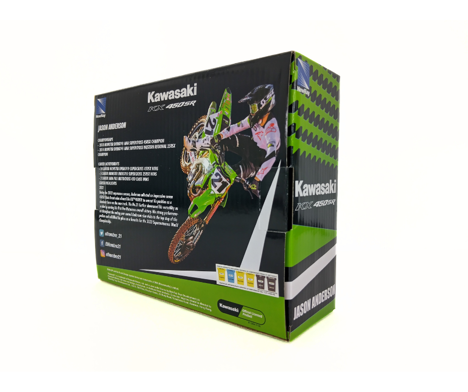 Kawasaki motocross toy bike packaging on a white background