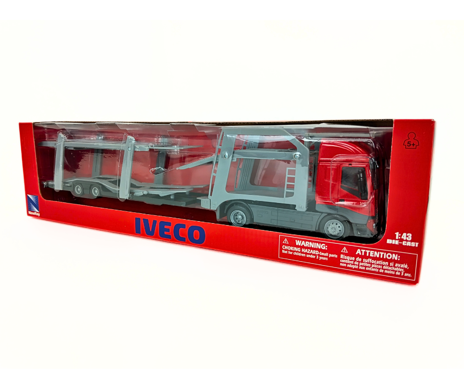 Red and gray toy Iveco truck in packaging on a white background