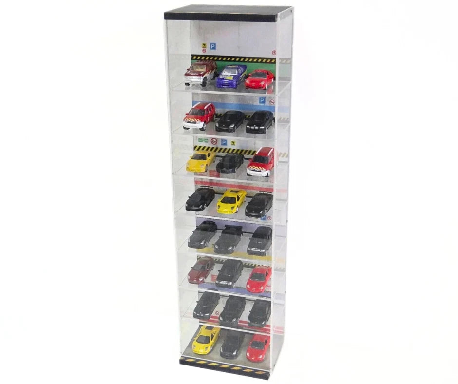 Tall clear display cabinet with various model cars on a white background