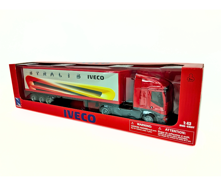 Red toy truck in a box with Iveco branding on a white background