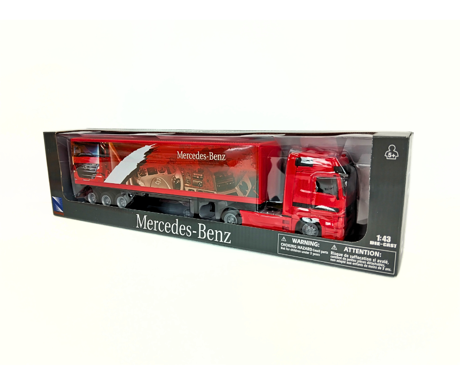 Red Mercedes-Benz toy truck in packaging on a white background