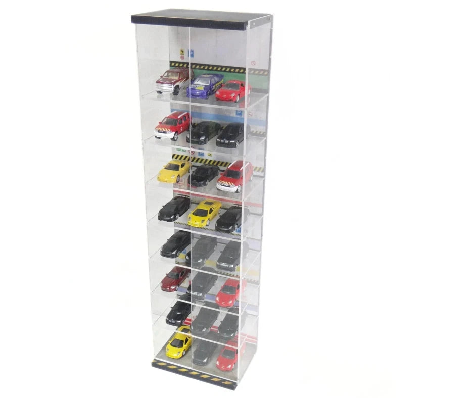 Clear display cabinet with model cars on a white background