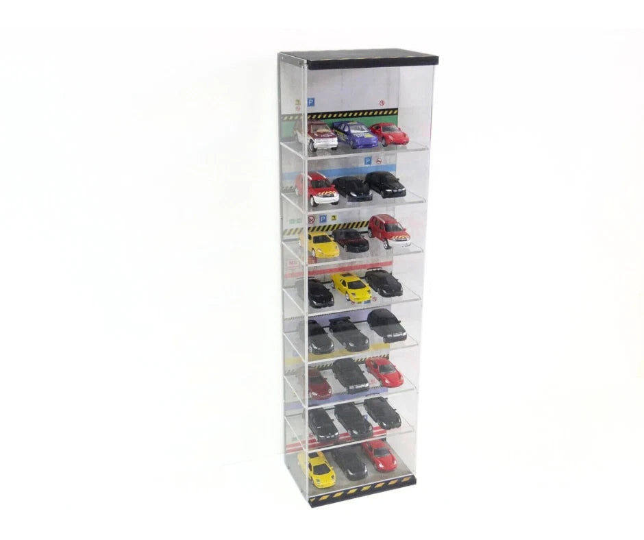 Clear plastic display case with model cars on a white background