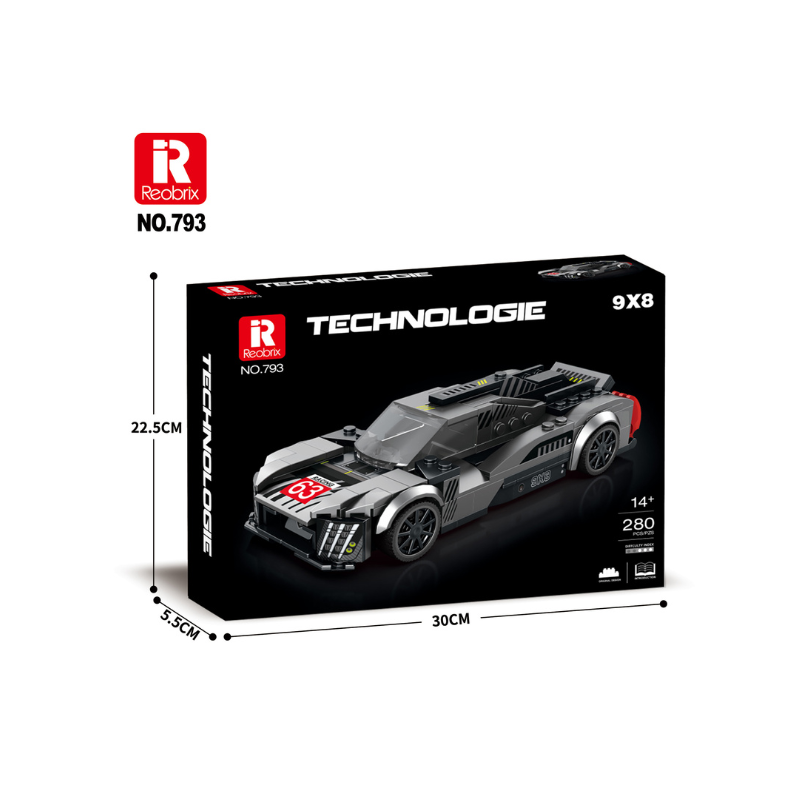 Box of a toy car set with dimensions and branding on a white background