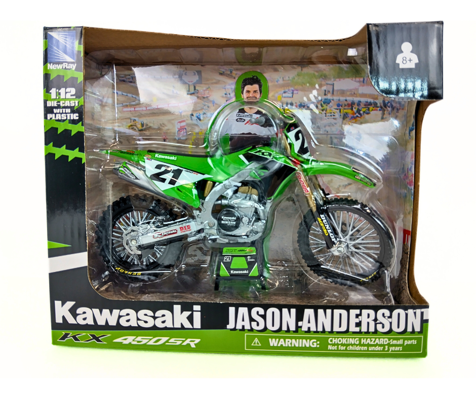 Kawasaki dirt bike model in packaging with 'Jason Anderson' branding