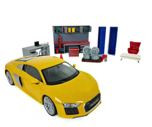 Комплект гаражни аксесоари 1:18 с модулен шкаф и инструменти