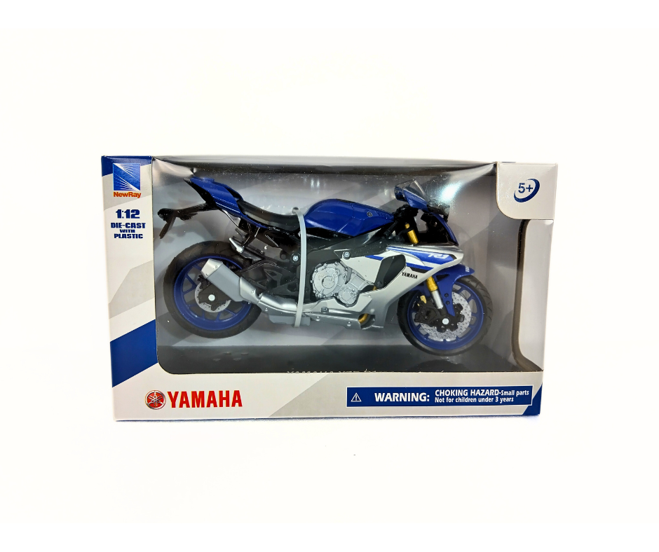 Model motorcycle in packaging with Yamaha branding on a white background