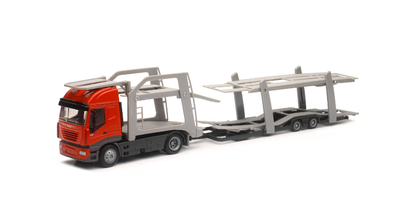 Model car transporter truck with cars on a white background