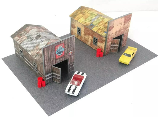 Ляв гараж с дървена облицовка, надпис „Classic Garage“ и метален покрив