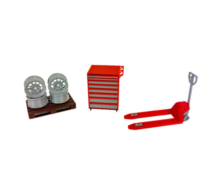 Палетна количка и палет за диорама гараж 1:18