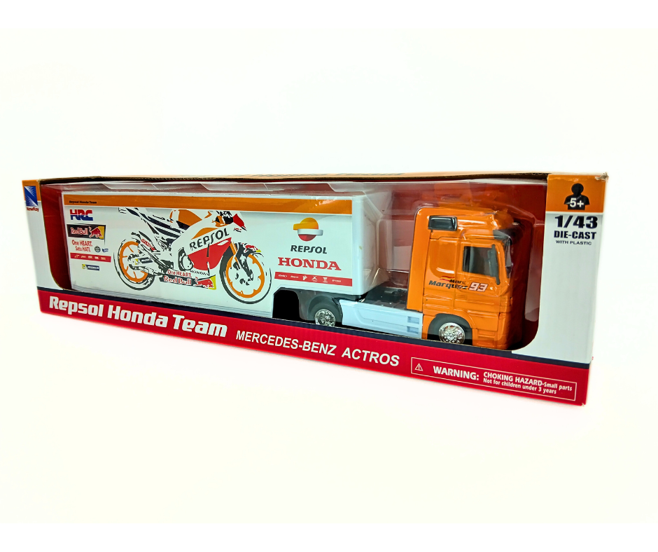 Model truck in packaging with Repsol Honda branding on a white background