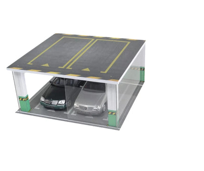 Model of a two-car underground parking garage with cars inside on a white background