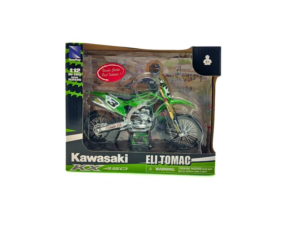 Мотоциклет NEWRAY Kawasaki Eli Tomac Race Team – мащаб 1:12, метал и пластмаса