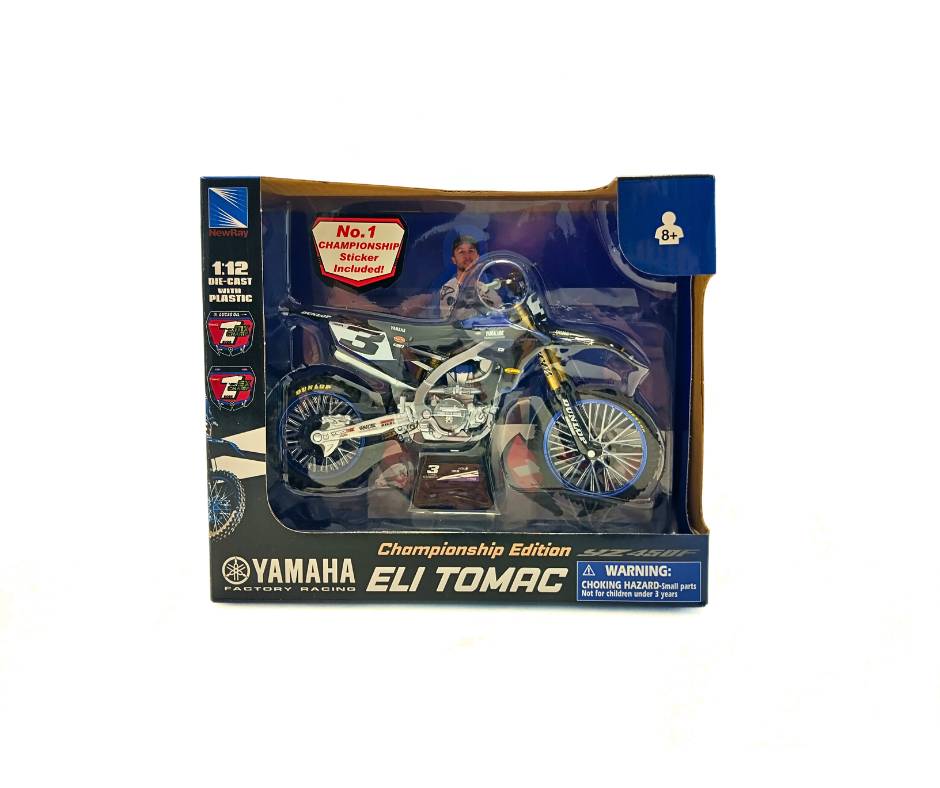 Мотоциклет NEWRAY Yamaha YZ450F Eli Tomac – мащаб 1:12 с шампионски стикер