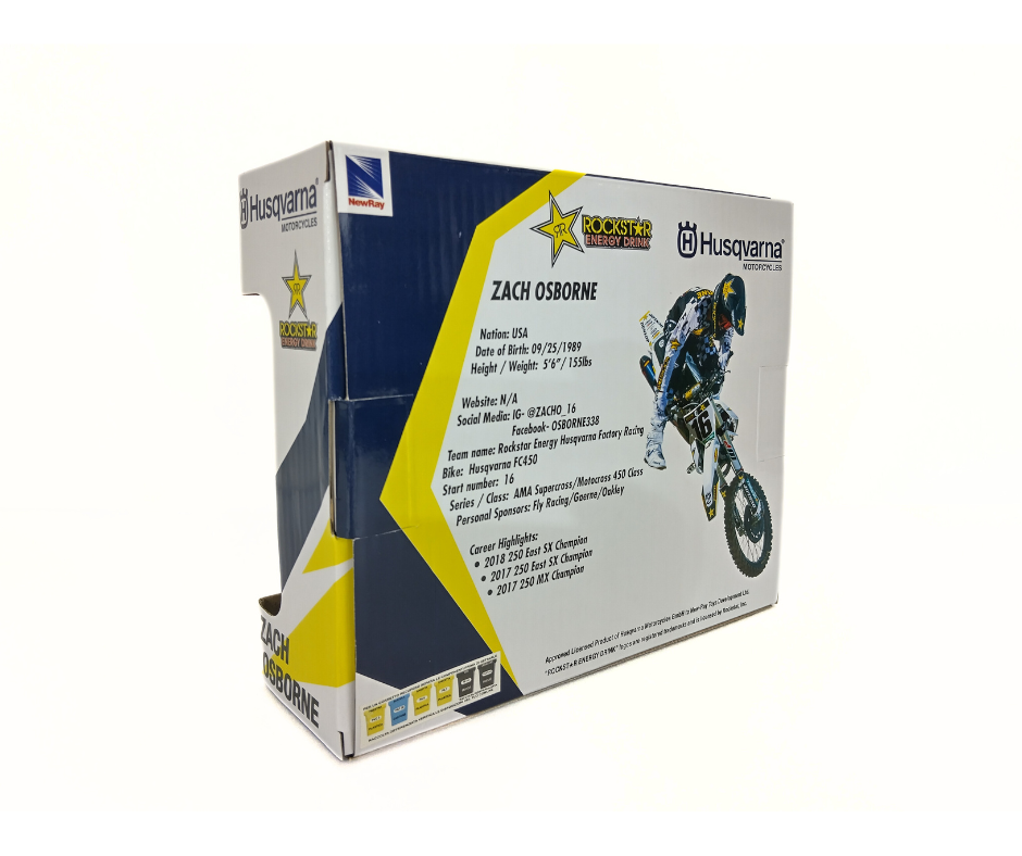 Husqvarna motocross packaging with branding and product details on a white background