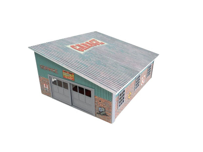 Model of a small building with a corrugated metal roof on a white background