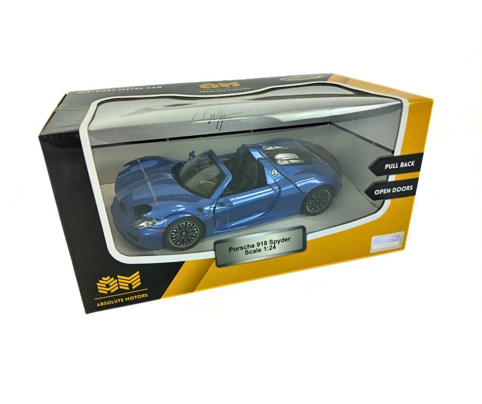 Model car in packaging with blue car and visible brand logo
