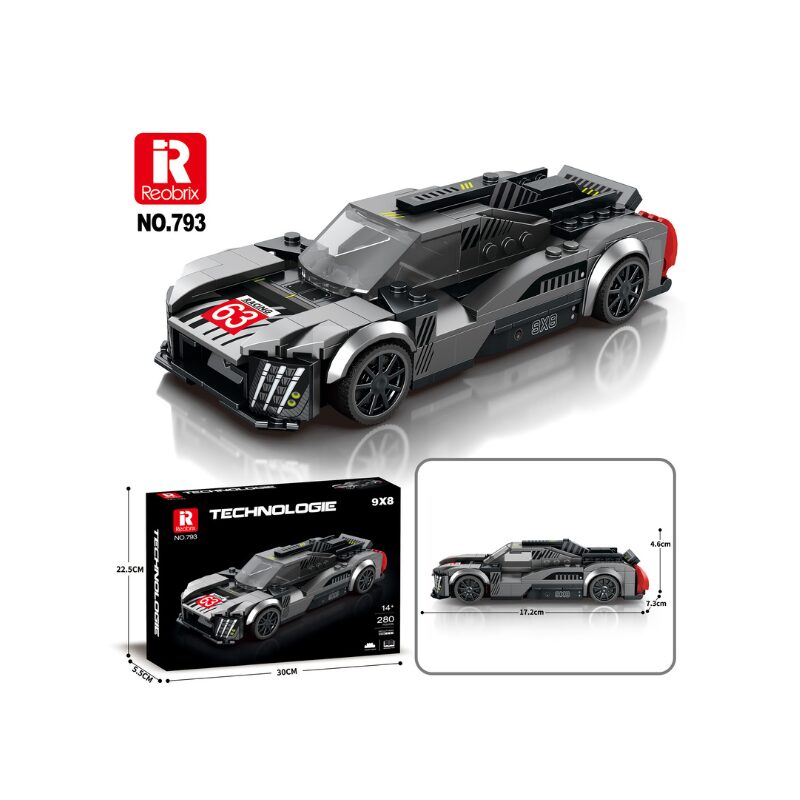Toy car model with packaging and dimensions displayed on a white background