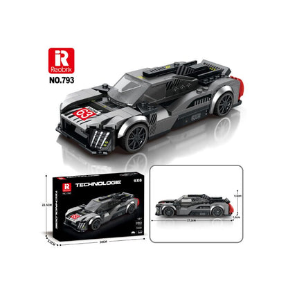 Toy car model with packaging and dimensions displayed on a white background