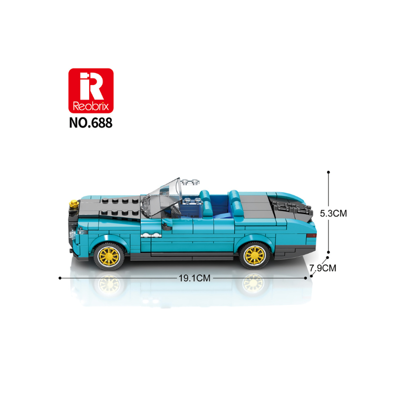 Toy car model with dimensions and RedBrix branding on a white background